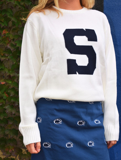 Alan Paine Varsity S Sweater in Ivory, white crew neck with large navy S, women's collegiate style.