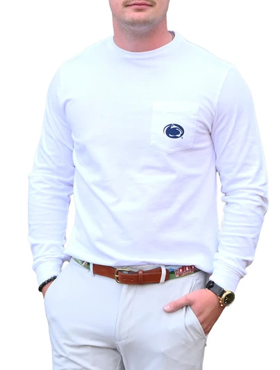 Vineyard Vines Penn State Helmet Whale Tee, white long sleeve shirt with Penn State logo pocket.