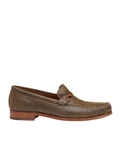 Brown leather Baldwin Leather Bit Loafer by Johnston & Murphy with stacked heel and toe stitching.