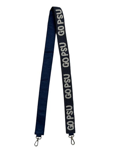 Capri Designs Go PSU Beaded Penn State Bag Strap, blue beads, white text, 21 inch long.