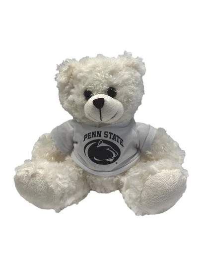 White Penn State Teddy Bear, Plushland brand, soft fur, wearing white Penn State t-shirt.