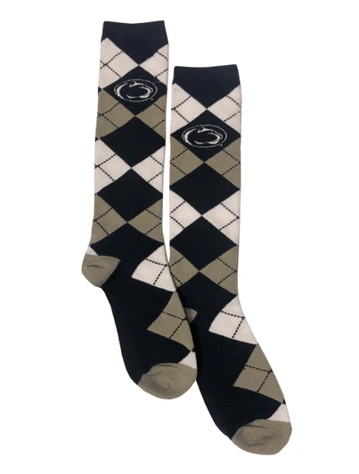 Penn State Argyle Socks by Twin City Knitting Co., black, white, and tan, classic argyle pattern.