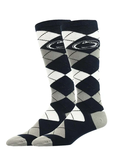Penn State Argyle Socks by Twin City Knitting in black, white, and gray, size M, L, XL.