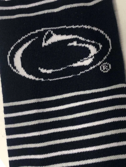 Penn State blue and white striped socks by Twin City Knitting Co., featuring logo detail.