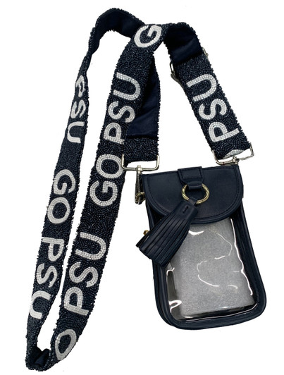 Tiana Designs Go PSU beaded navy and white strap with silver clasps on black phone case.