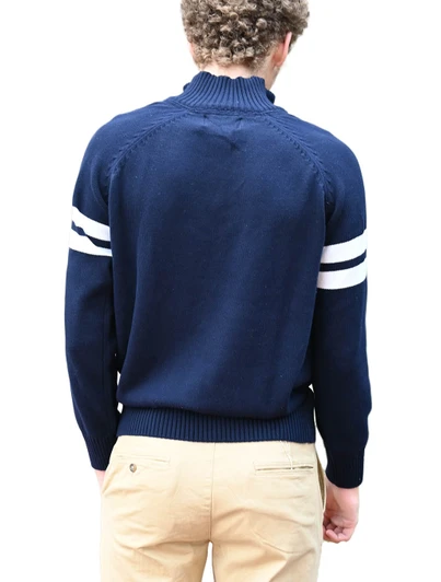 Bruzer Penn State Quarter Zip Sweater, navy blue with white stripes, back view.