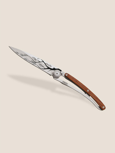 Tree Branch Engraved Knife Coral Handle Deejo