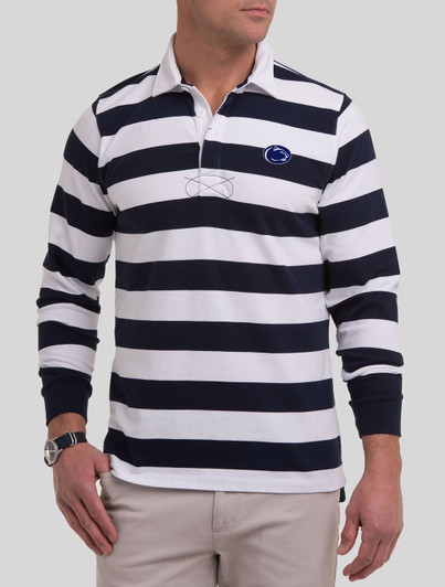 Penn State Rugby Shirt in black and white stripes, B. Draddy brand, long sleeves, athletic style.