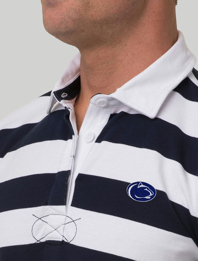 Penn State Rugby Shirt in navy and white stripes with logo, B. Draddy brand apparel.