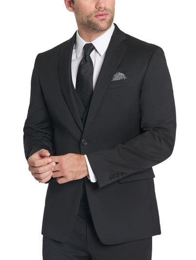 Tallia Solid Black Coat, a classic notched lapel suit jacket for men in a modern stretch fabric.