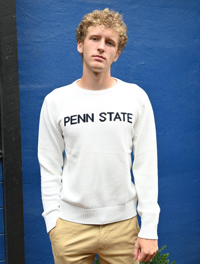 Penn State Intarsia Crew Neck Sweater by Bruzer, white crew neck sweater with black lettering.
