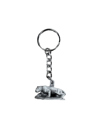Pewter Lion Shrine keychain, Jardine brand, silver keyring, miniature Lion Shrine made of pewter.