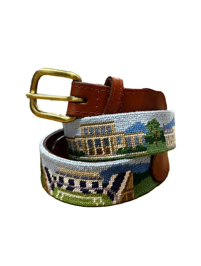 Penn State Campus Scenery Needlepoint Belt by Smathers & Branson, brown leather, gold buckle.