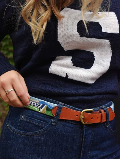 Penn State Campus Scenery Needlepoint Belt in brown leather with brass buckle by Smathers and Branson.