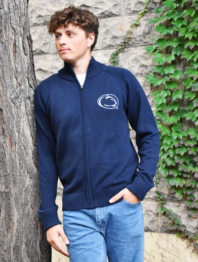 Navy blue Bruzer Penn State Full Zip Sweater with embroidered logo and white stripe detail.