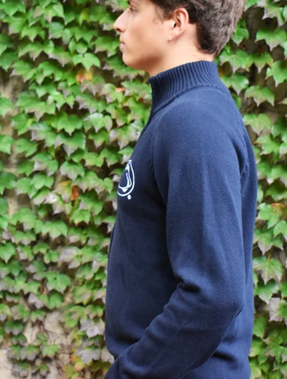 Bruzer Penn State Full Zip Sweater in blue color with embroidered logo and striped cuffs.