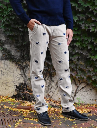 Penn State Embroidered khaki pants by Castaway, featuring logos, in 32 or 34 inch inseams.
