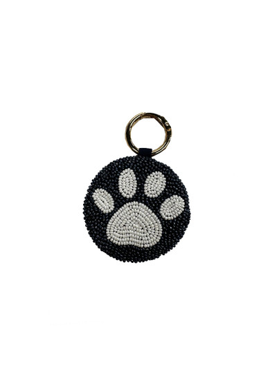 Tiana Designs Beaded Paw Print Key Fob in black and white with metal ring attachment.