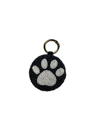 Tiana Designs Beaded Paw Print Key Fob in black and white with metal ring attachment.