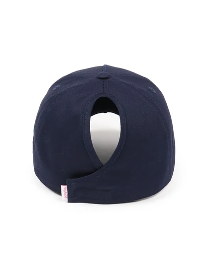Navy blue Ponyflo Glitter Penn State Hat back view with adjustable strap and logo.