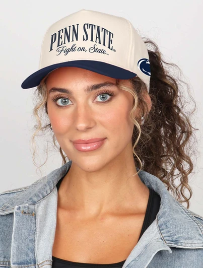 Ponyflo Penn State Fight on State Script Hat, off-white with navy brim, one size fits most.