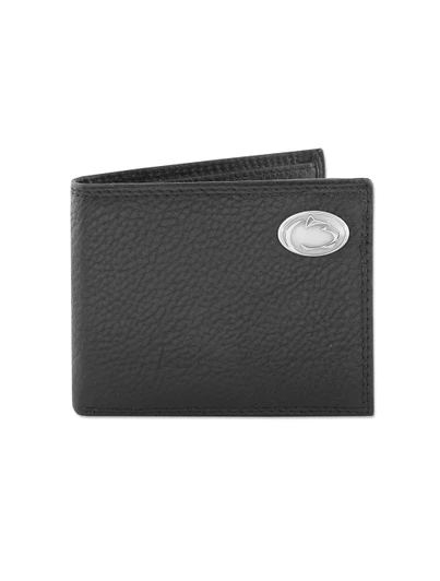 Black leather wallet with silver Penn State logo, Zep-Pro brand, pebble grain texture, and classic design.