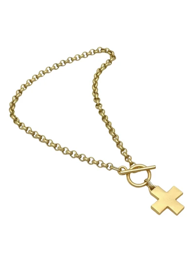 Matte gold cross pendant chain necklace by Deborah Grivas Designs with 18K gold finish and toggle closure.