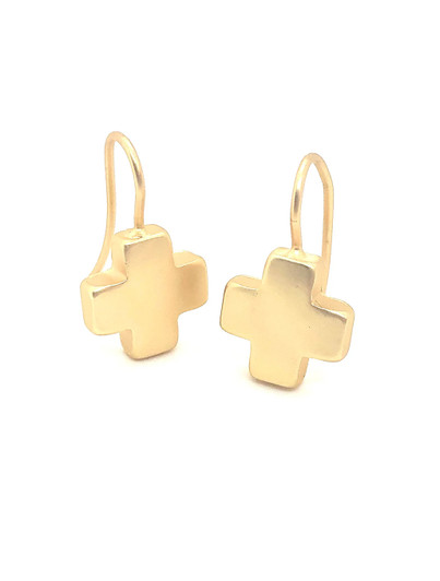 Matte gold cross earrings by Deborah Grivas Designs, 1 inch long, 18K gold plated wire.