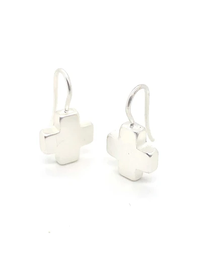 Matte Silver Cross Earrings by Deborah Grivas Designs, 1 inch long, silver finish, wire earrings.