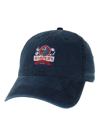 Harpers Varsity Club navy blue twill hat with logo patch and adjustable fabric strap.