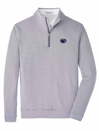 Penn State Stripe Performance Quarter Zip by Peter Millar, gray, long sleeve, quarter zip pullover.