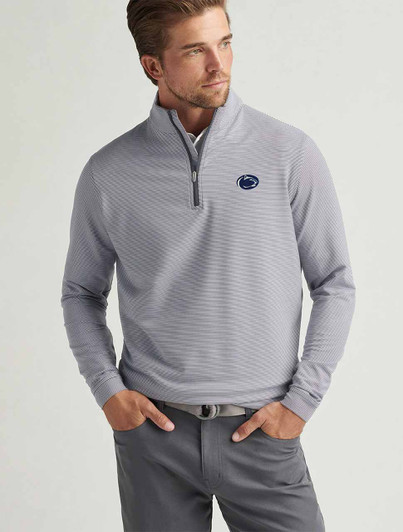 Peter Millar Penn State Stripe Performance Quarter Zip, gray, featuring embroidered Nittany Lions logo.
