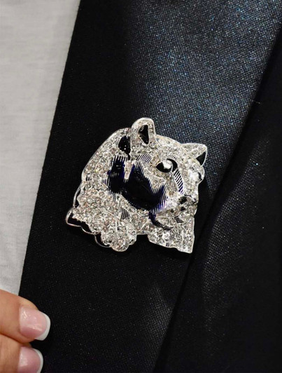 Penn State Crystal Lion Shrine Pin, silver plated, rhinestones, Seasons Jewelry brand, 2" wide.