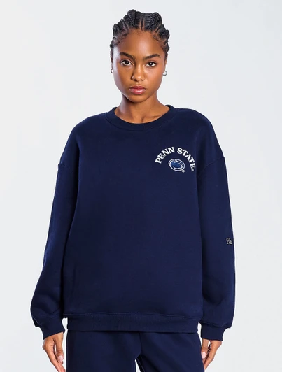 Navy blue Penn State oversized crew neck sweatshirt, Hype and Vice, front view, embroidered logo.