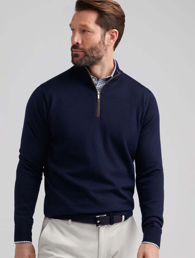 Autumn Crest Suede Trim Quarter Zip Sweater Peter Millar Navy