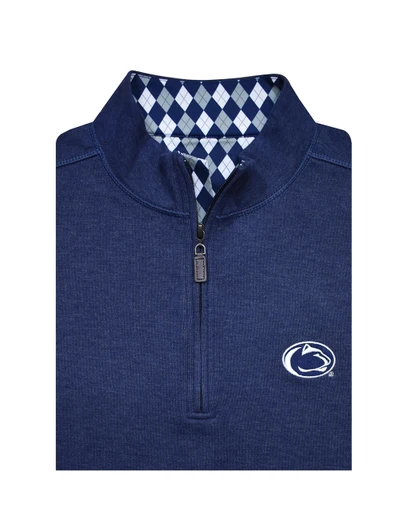 Penn State Navy Melange Quarter Zip, Horn Legend, blue argyle trim, quarter zip with embroidered logo.