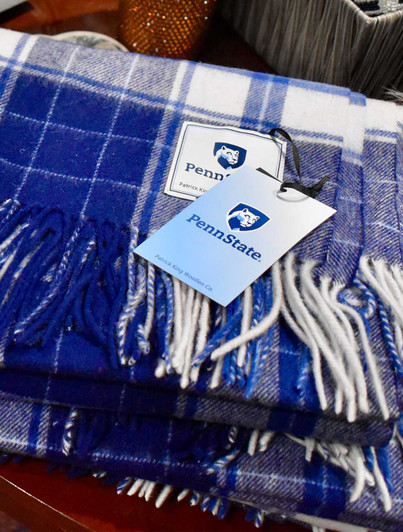 Penn State Lambswool Shawl by Patrick King Woolens, blue and white tartan pattern with fringe trim.
