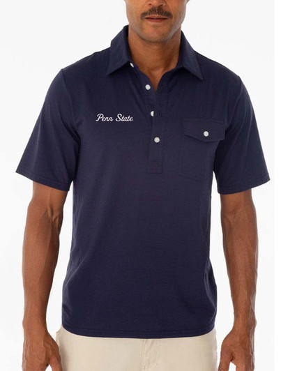 Navy blue Criquet Penn State Script Logo Polo with embroidered logo and chest pocket.