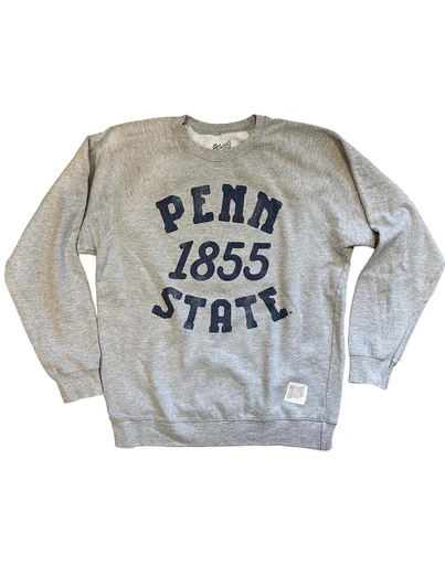 Penn State 1855 crew neck sweatshirt, gray, Original Retro Brand, with black lettering and soft fabric.