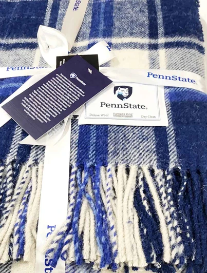 Penn State Tartan Blanket by Patrick King Woolens, 50" x 60", blue and white plaid.