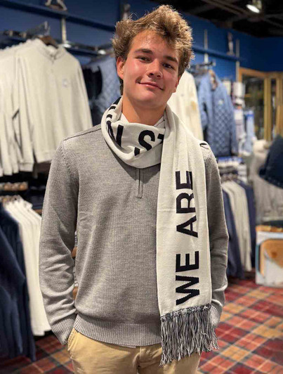 We Are Penn State Reversible Scarf in white and navy blue by LogoFit with fringe trim.