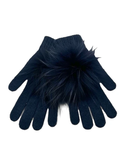 Navy Pom Glove by Linda Richards, a pair of navy blue gloves with fur pom detail.