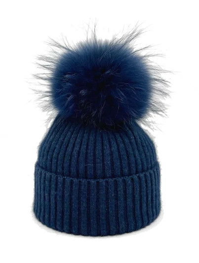 Navy Pom Hat by Linda Richards with large fur pom pom on top, navy blue color.