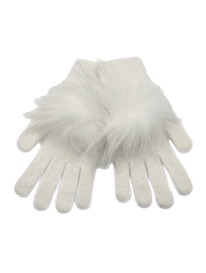 White Pom Glove by Linda Richards, soft wool and Angora gloves with genuine fur pom detail.