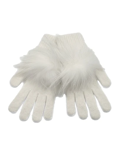White Pom Glove by Linda Richards, soft wool and Angora gloves with genuine fur pom detail.