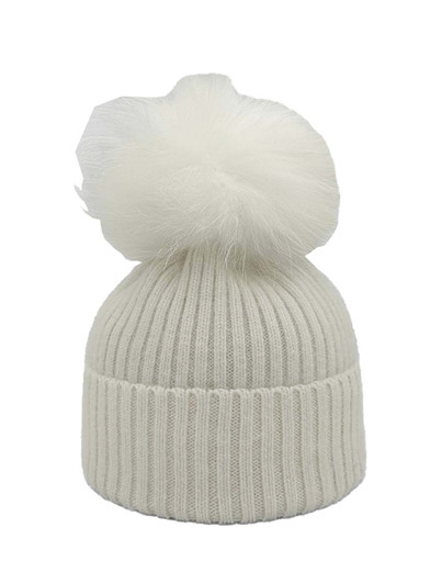 White Pom Hat by Linda Richards, ribbed cuff beanie with genuine fur pom, angora blend.