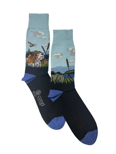 Corgi Beagle Scene Socks, black with blue accents and beagle design, made in Wales.
