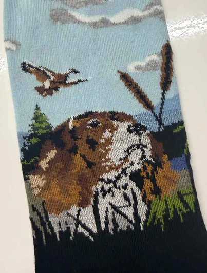 Beagle Scene Socks by Corgi, woven hunting scene design on cotton and nylon blend fabric.