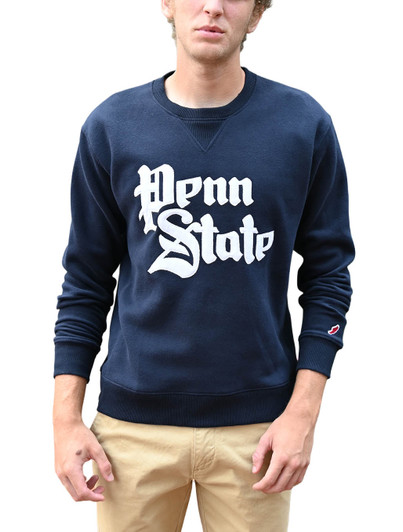 Penn State Vintage Appliqué Crew Neck sweatshirt, navy blue, League brand, unisex, gothic script appliqué.