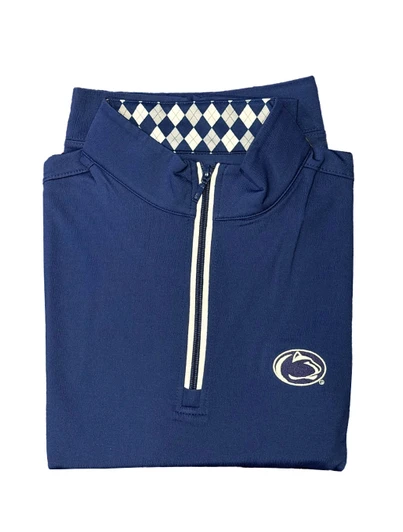 Penn State Performance Quarter Zip in navy blue with argyle trim by Horn Legend brand.